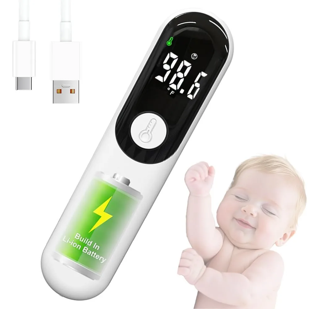 White handheld non-contact forehead thermometer with smooth curved body and sensor tip