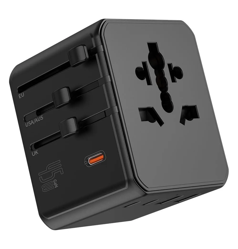 White rectangular travel adapter with sliding plug selectors, multiple USB ports and AC sockets