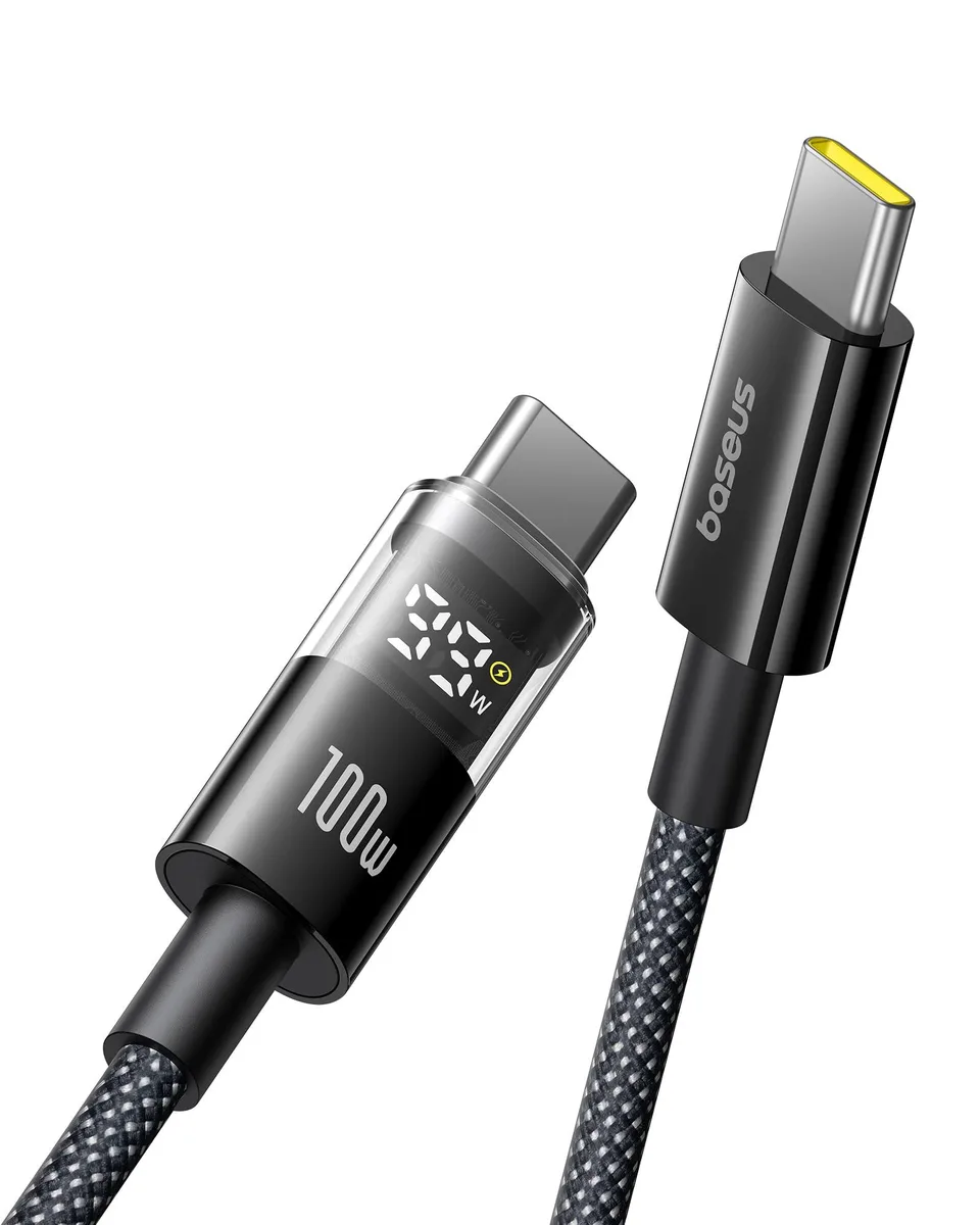 Black USB-C to USB-C cable with LED power display, 3.3 ft