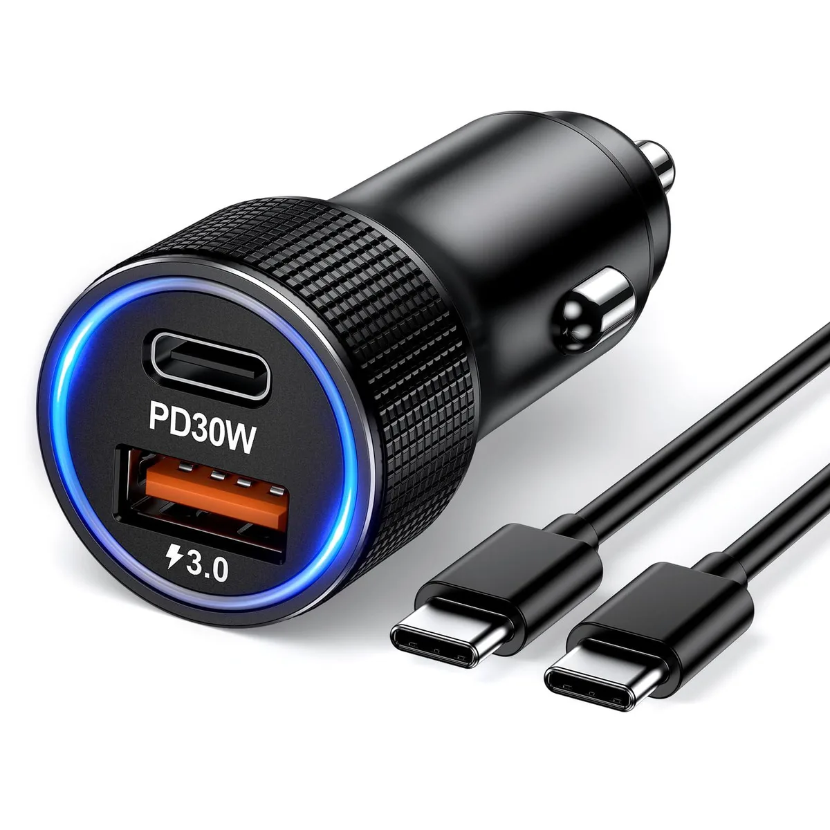 Compact black dual-port car charger with USB-C and USB-A sockets, blue indicator light, fits cigarette lighter socket