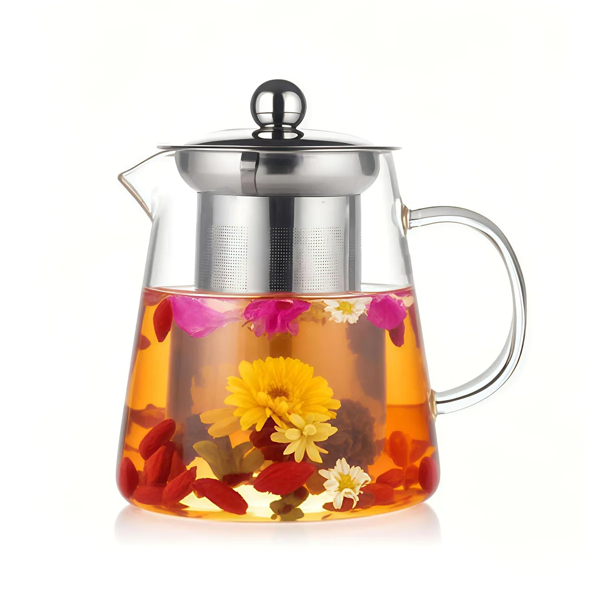 Clear borosilicate glass teapot with stainless steel infuser and ergonomic handle