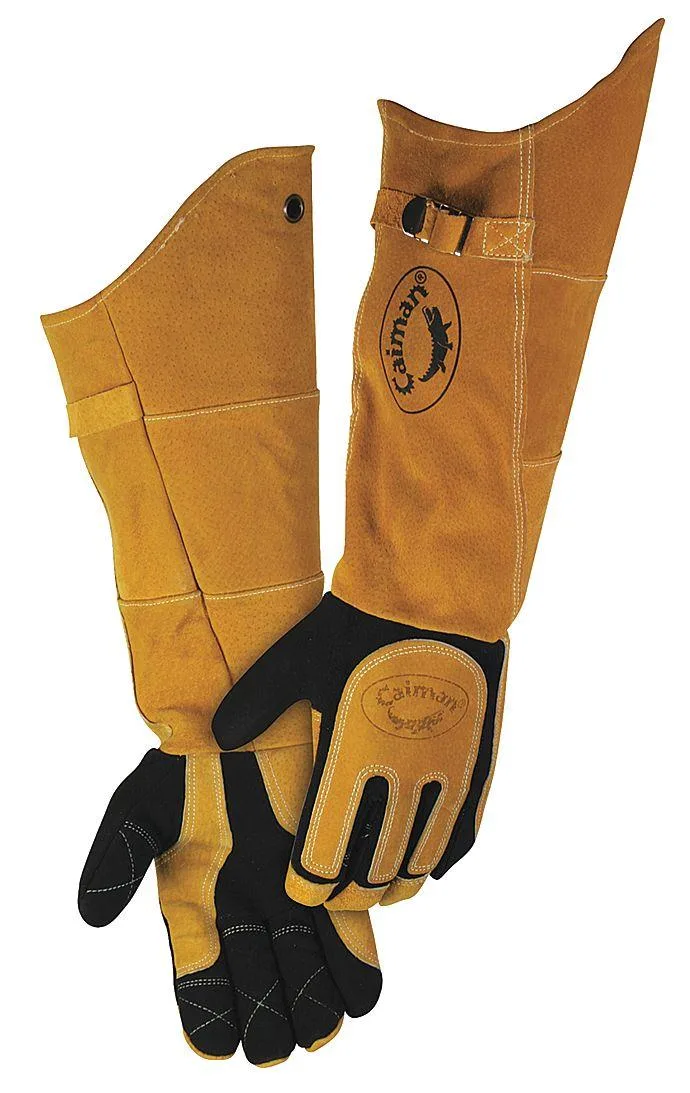 Black deerskin welding gloves with 21 in extended gauntlet cuffs and wing thumb design