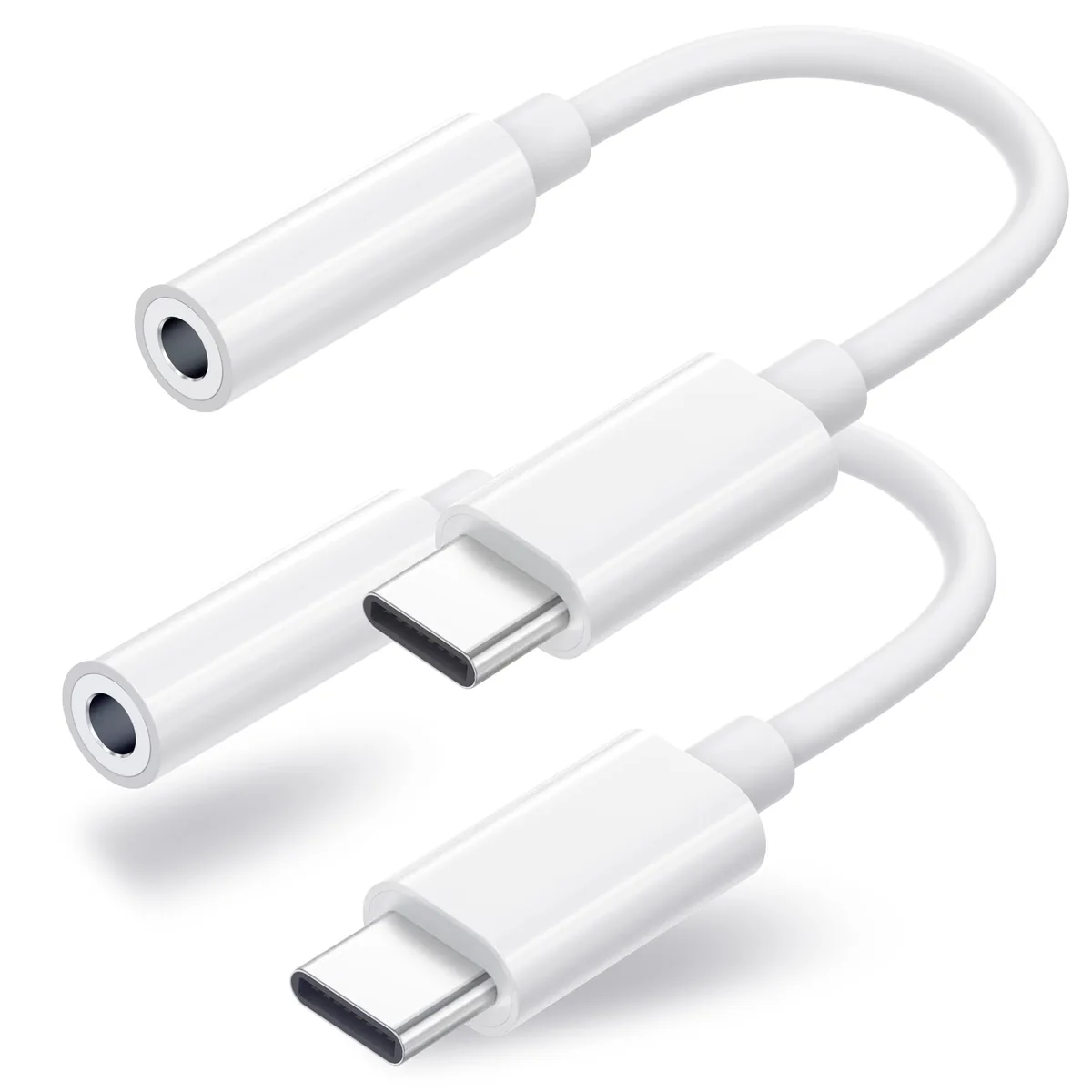 Two white USB-C to 3.5mm audio adapters side by side