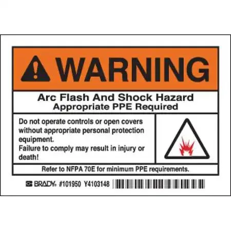 Pack of five Brady arc flash warning labels horizontal rectangle with symbol and text legend