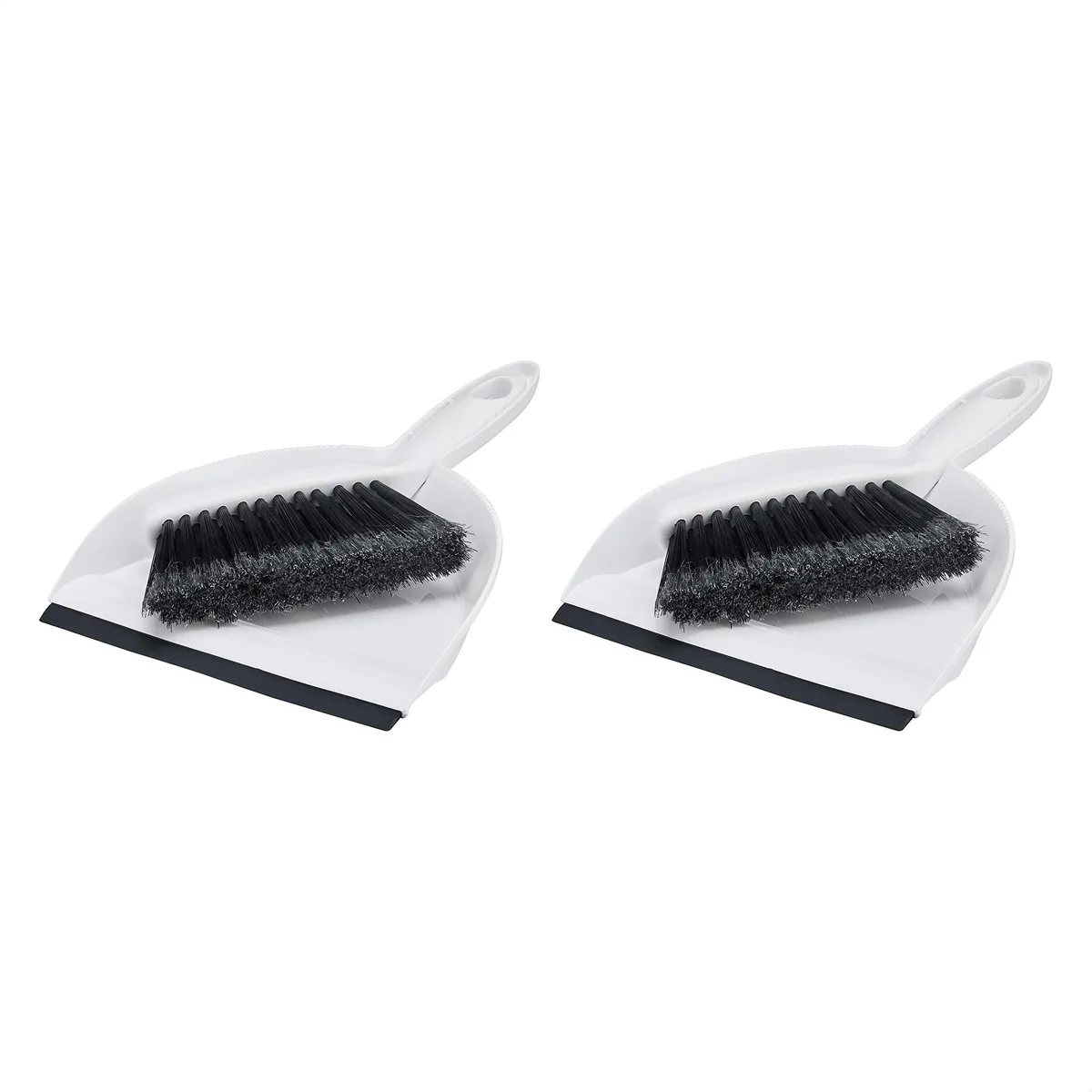 Two white mini dustpan and brush sets with hanging hooks