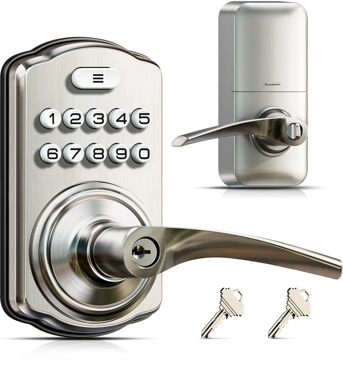 Rectangular satin nickel keypad door lock with handle, 5.55 by 2.75 by 6.2 inches