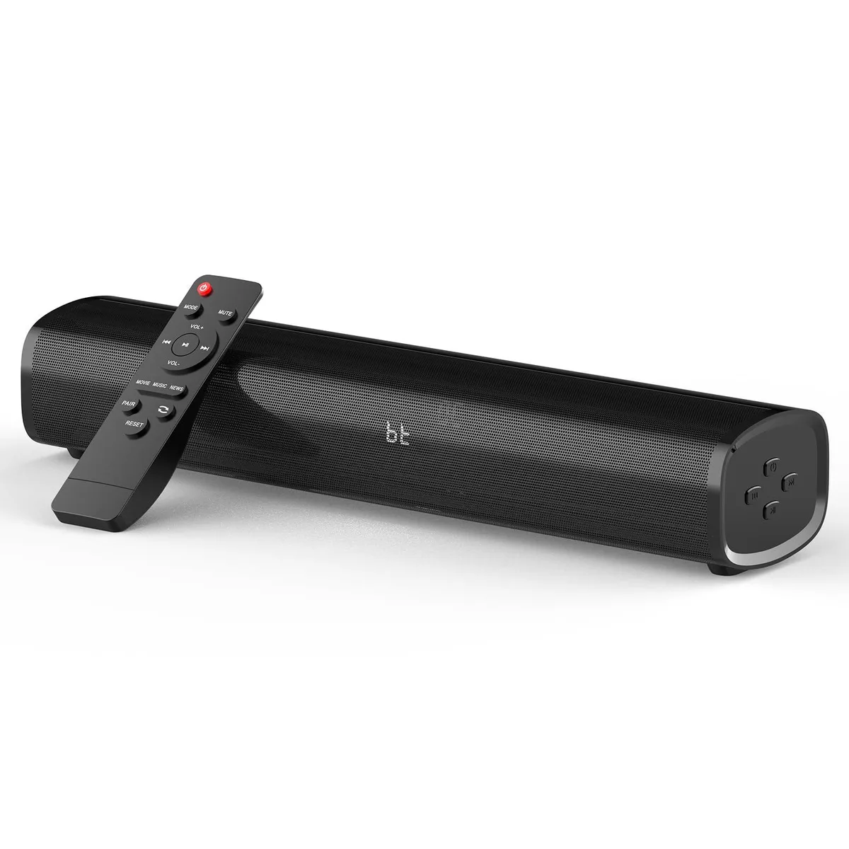Black rectangular sound bar 120mm wide with remote and cables
