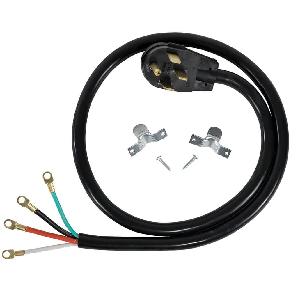 Grey four-wire range power cord with right-angle plug and ring terminals