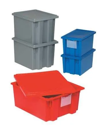 Gray plastic stacking tote with solid walls and open top, rectangular with reinforced corners