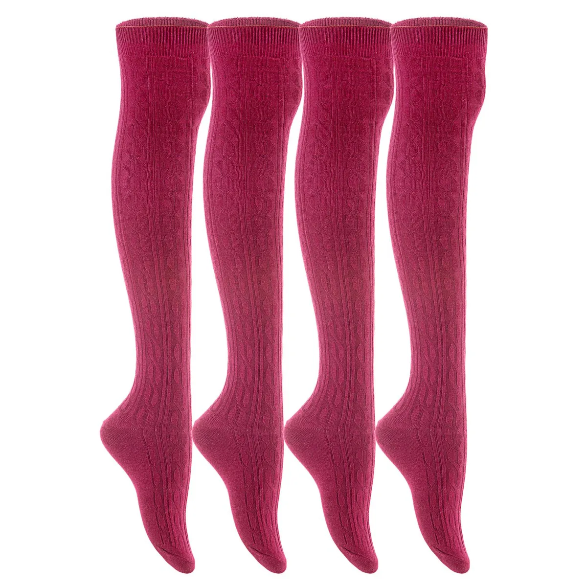 Ruby red thigh-high socks in a folded stack, smooth cotton finish
