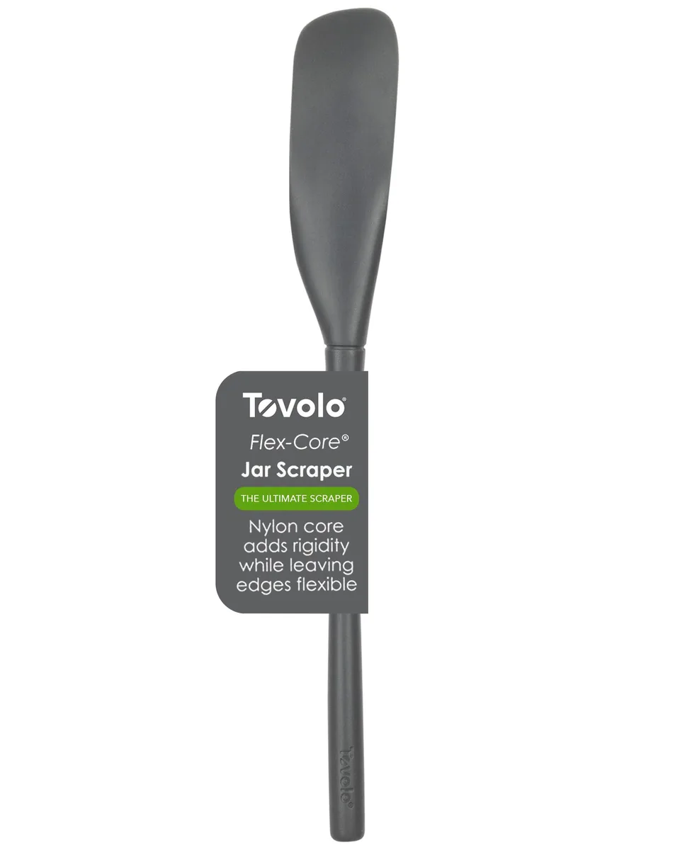 Charcoal gray silicone jar spatula with long handle and flexible angled head