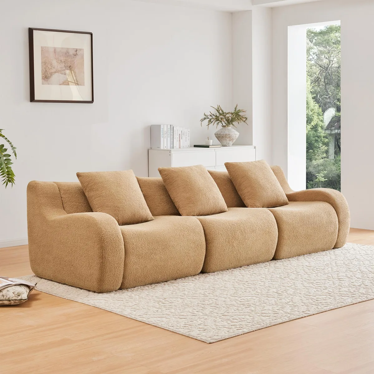 Camel-coloured three-seat boneless sofa in teddy fabric with curved armrests