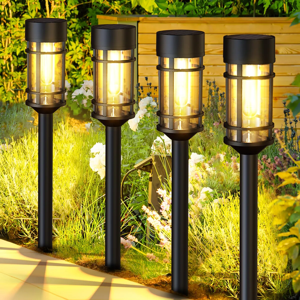 Twelve stainless steel and glass solar pathway lights, 21 inches tall, polished chrome finish