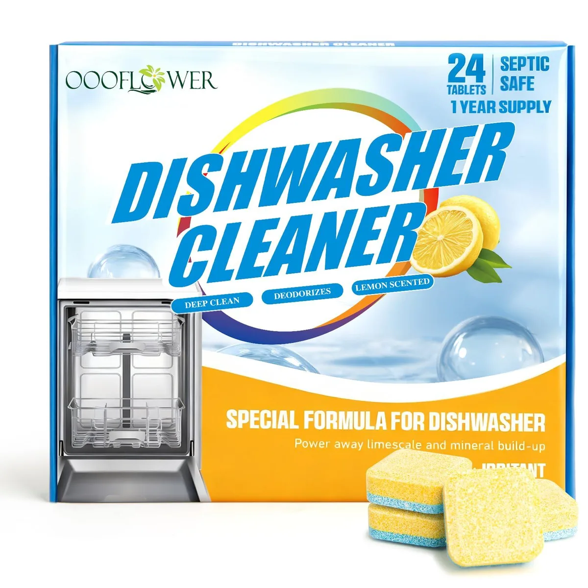 Box of 24 lemon-scented dishwasher cleaner tablets