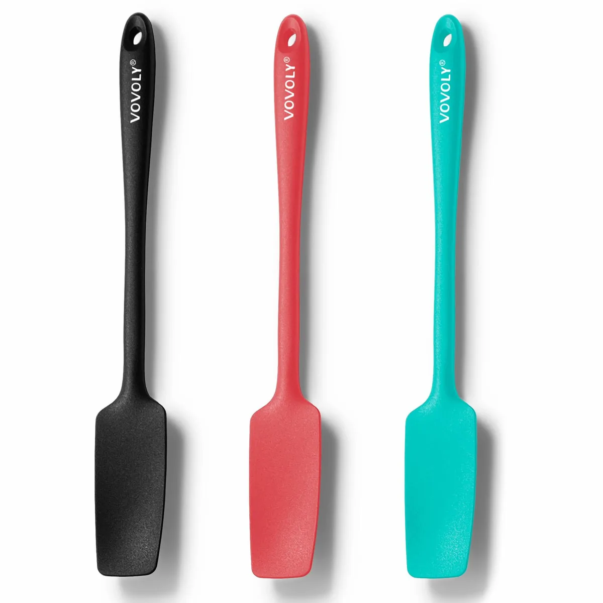 Three 11.2 inch silicone jar spatulas with long handles and small heads