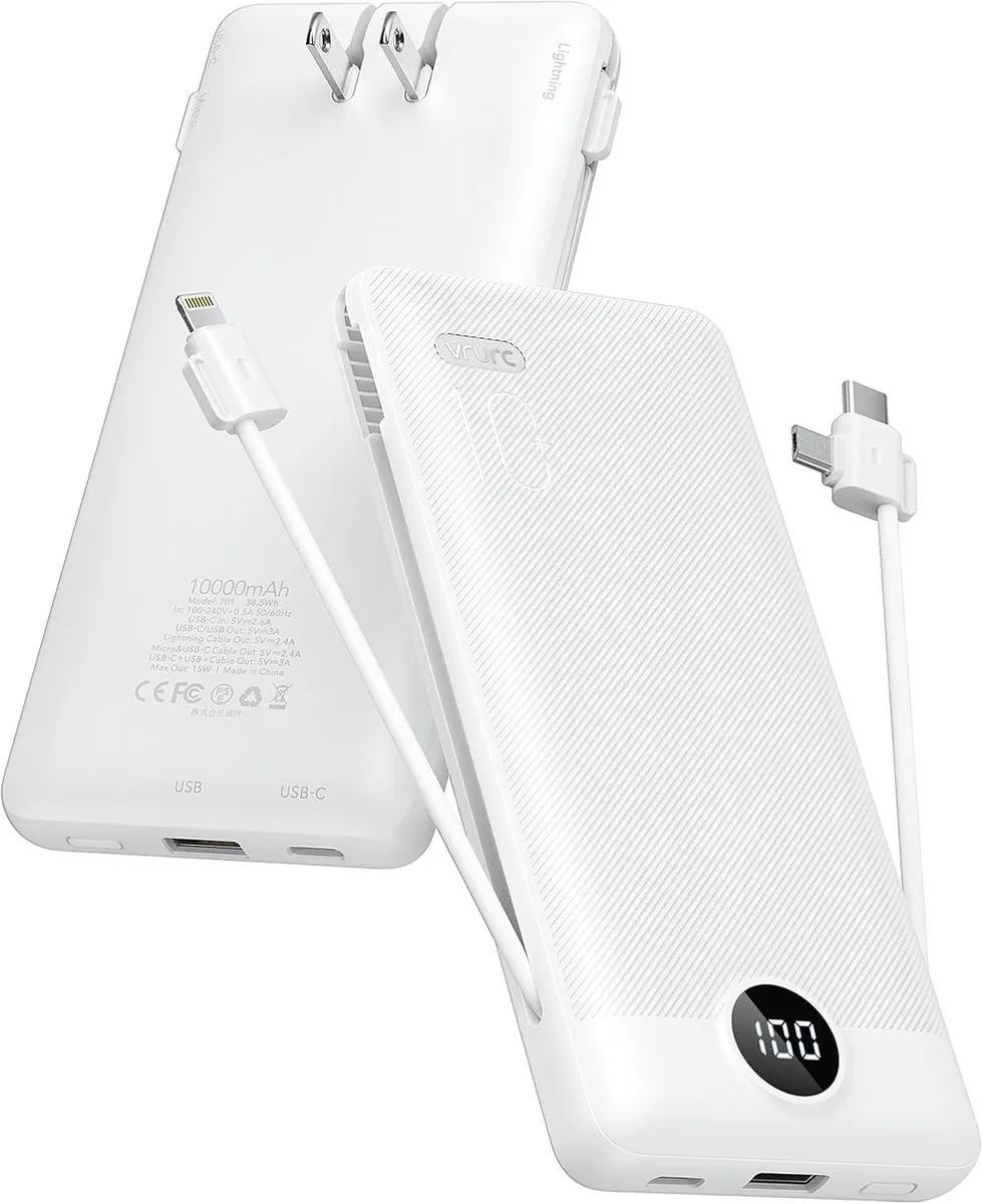 WOOJONG WOOJONG 10000mAh Power Bank with Built-in Cables & AC Plug (Pure White) — product photo