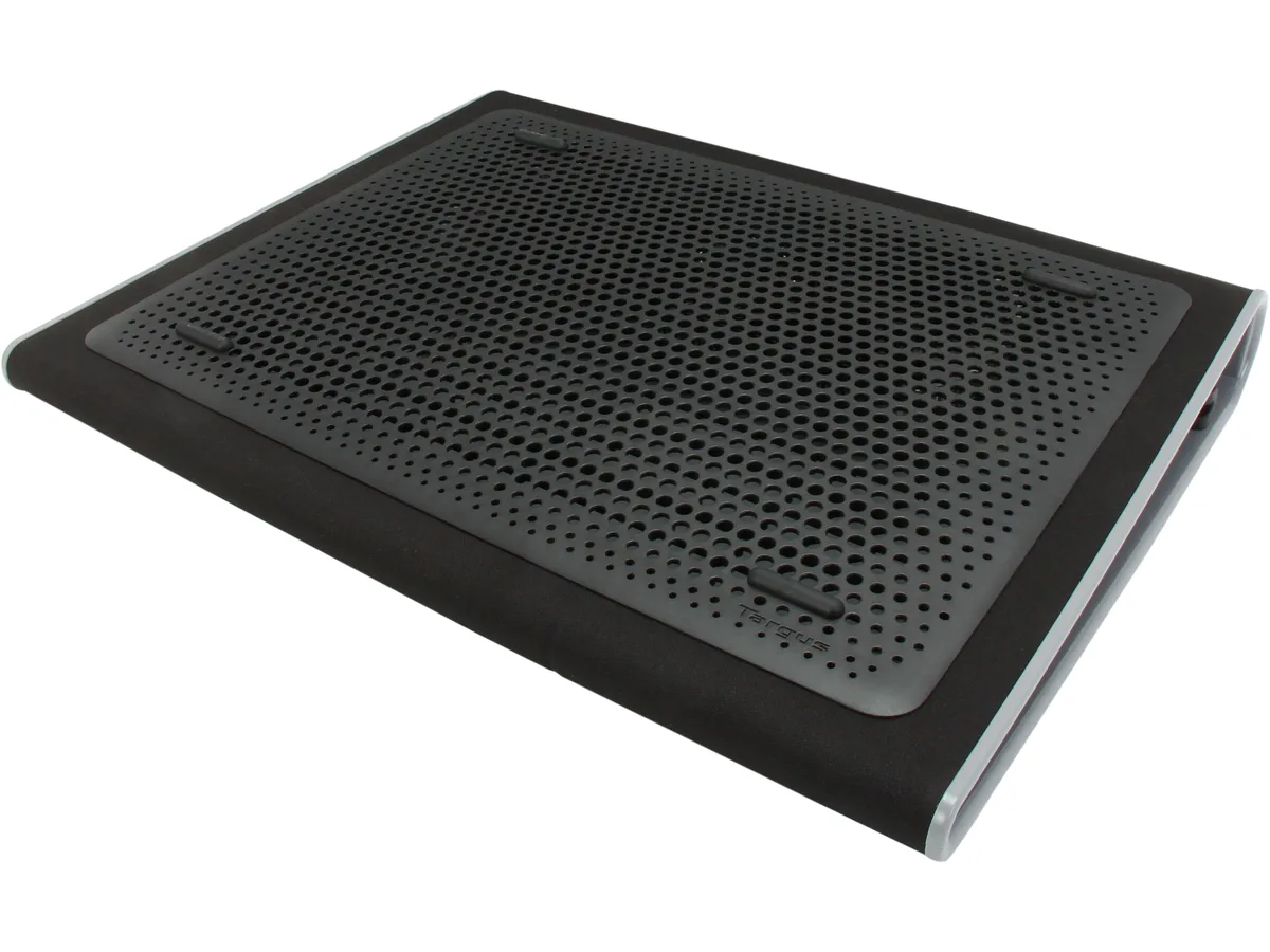Black 17-inch laptop cooling pad with dual fans, soft neoprene finish and rubber grip stops