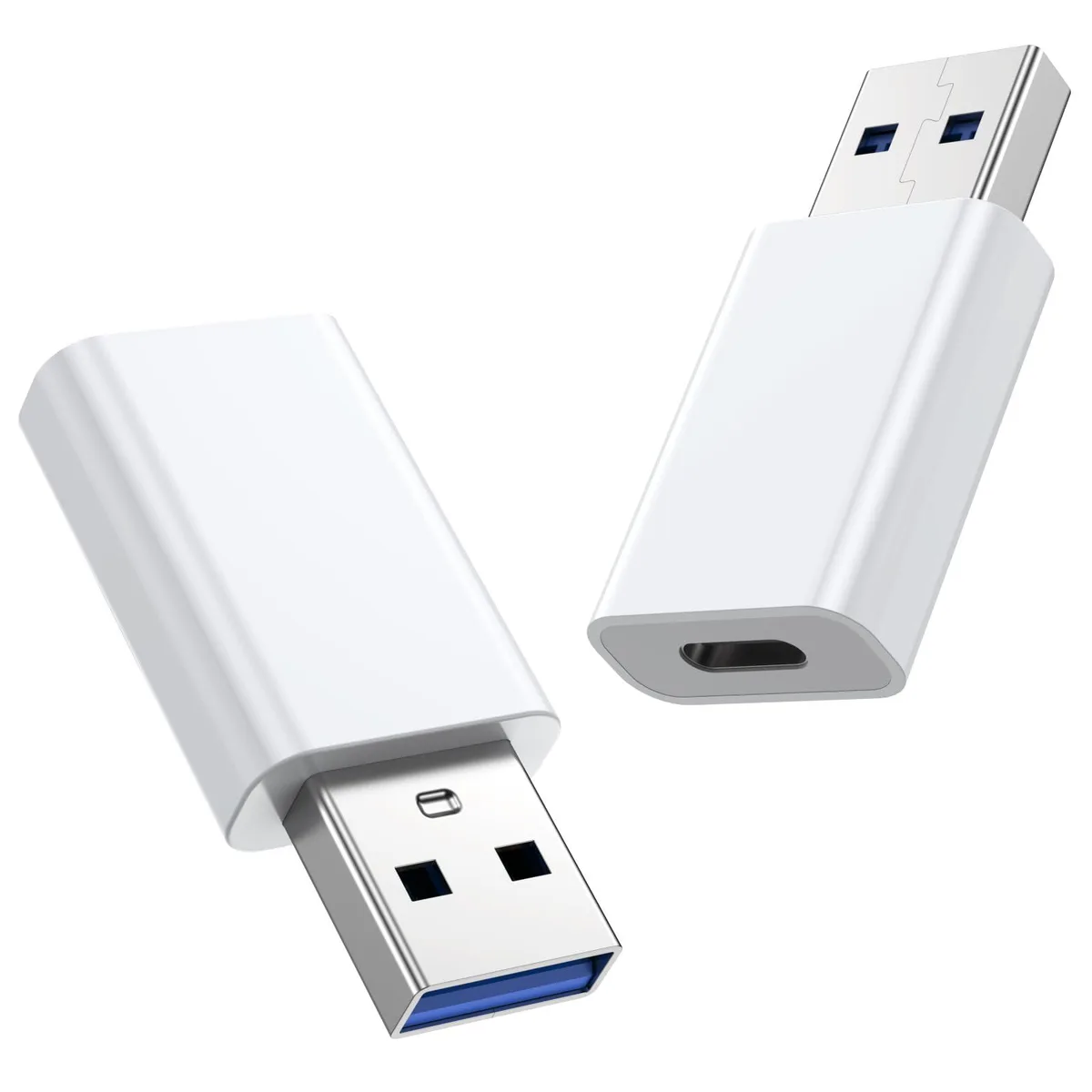 Two small white USB-A male to USB-C female adapters side by side