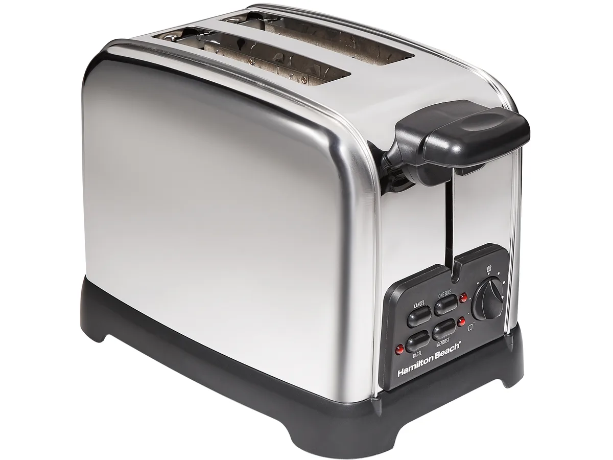 Stainless steel two-slice toaster with wide slots and lever