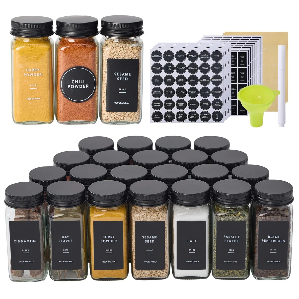 Twenty-four square glass jars with black metal caps and red labels, plus funnel and pen