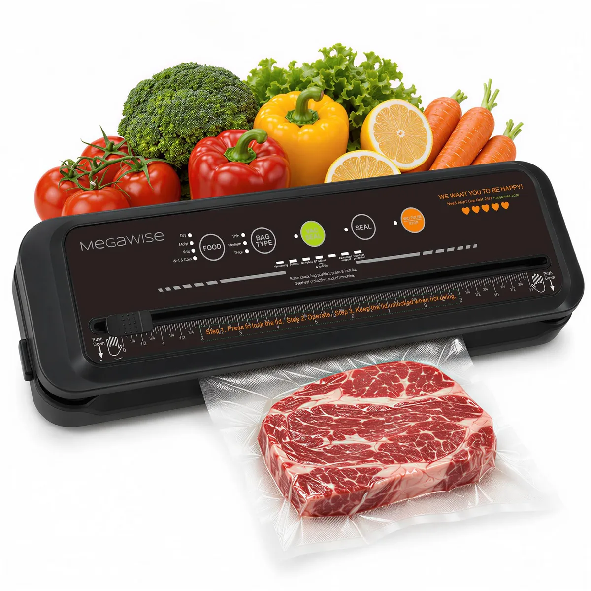 MEGAWISE ZG3X Vacuum Sealer Black 120W 80kPa — product photo
