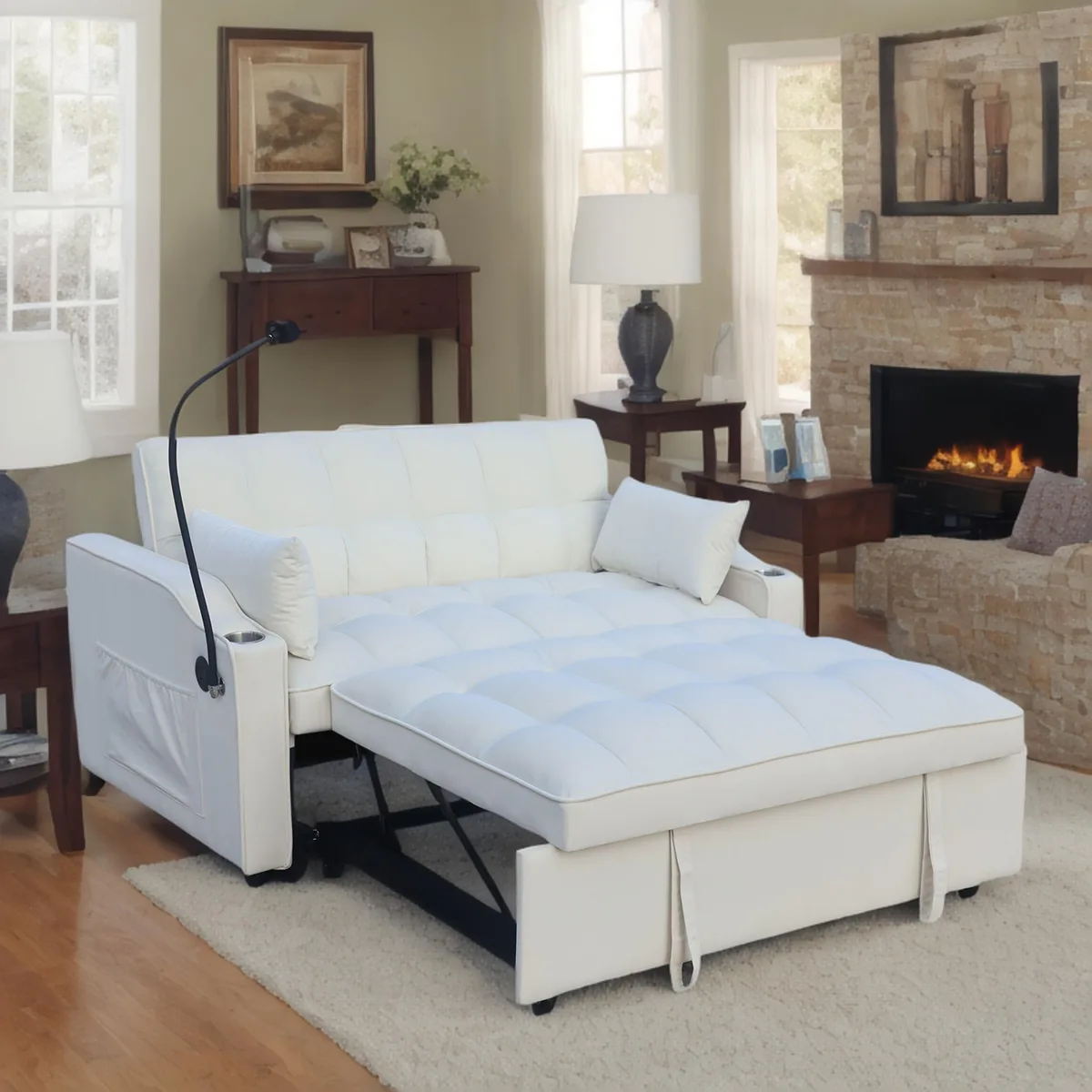 Beige velvet loveseat futon with pull-out bed, two toss pillows, USB ports and phone stand