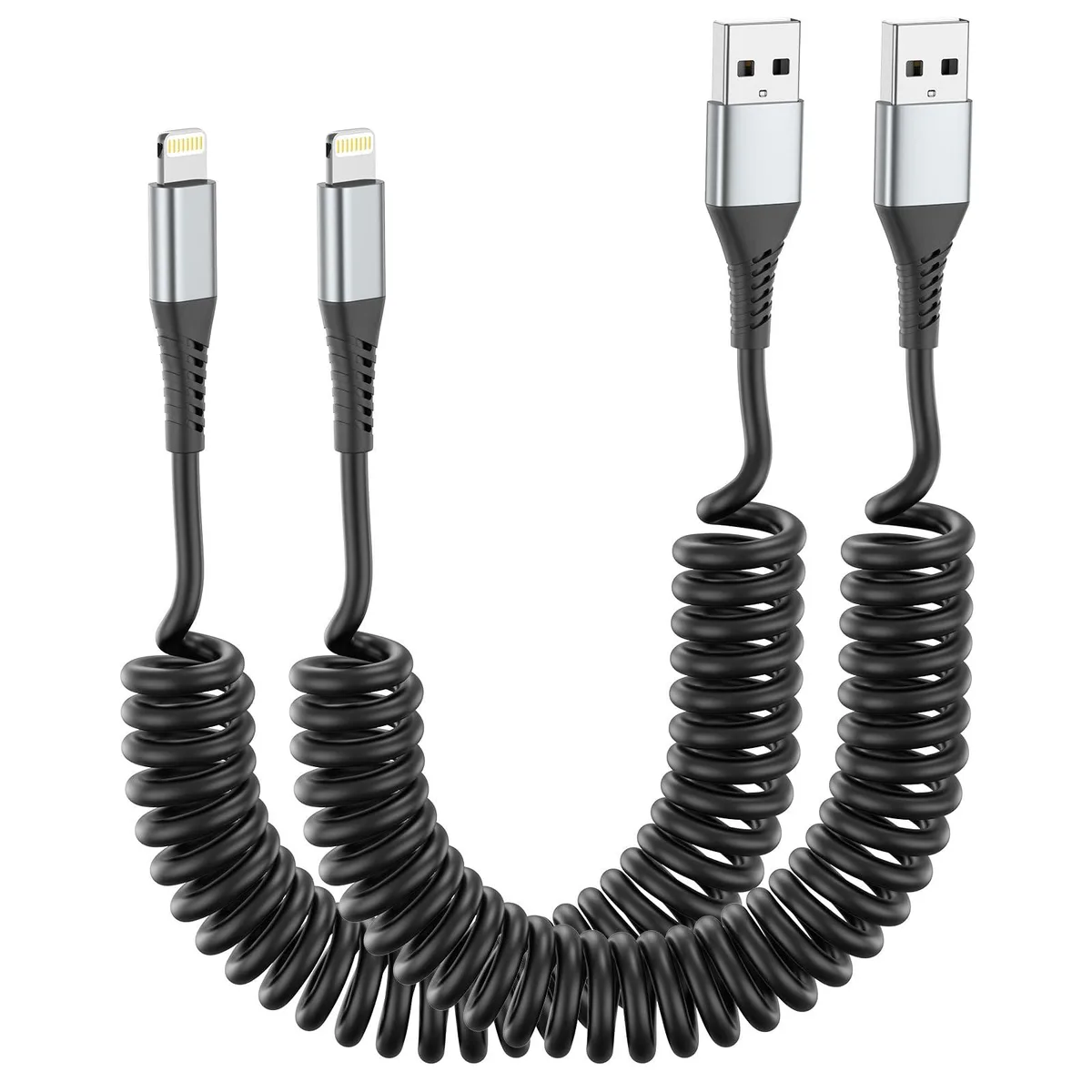 Two black coiled USB-A to Lightning cables, 3 ft extended length
