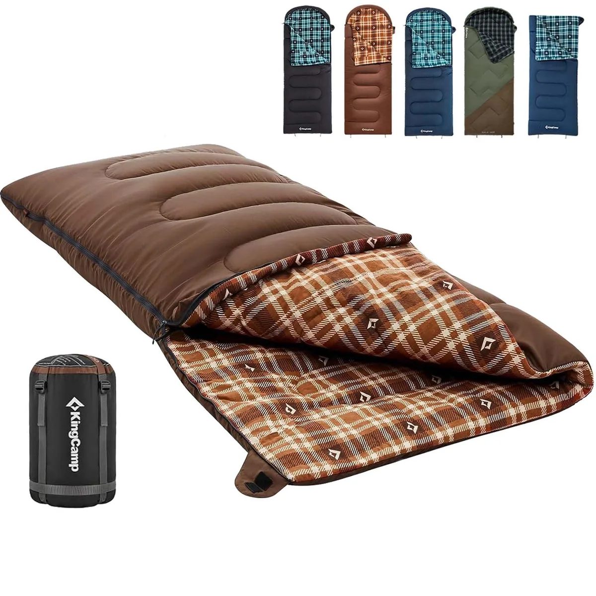 Rectangular beige flannel sleeping bag with left zip, compression sack shown, coffee colour