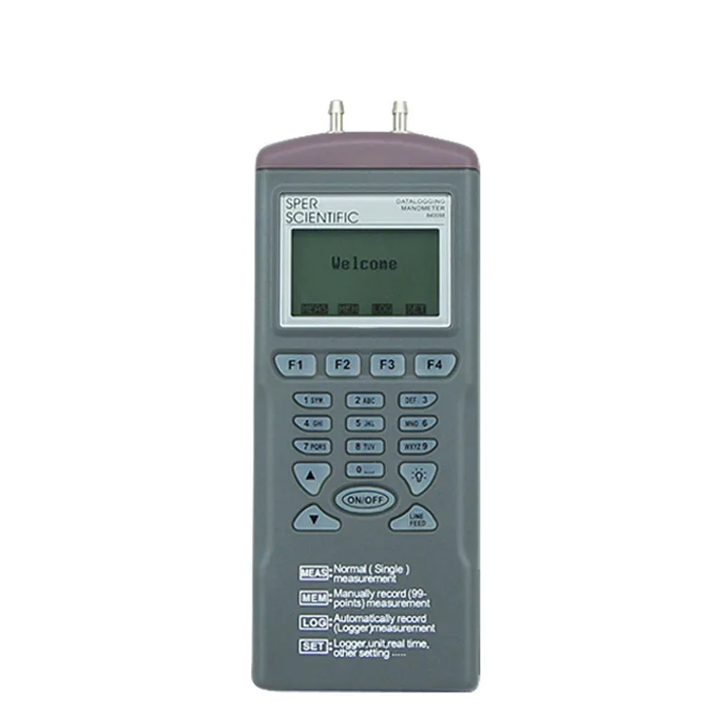 Red handheld digital manometer with LCD screen and buttons