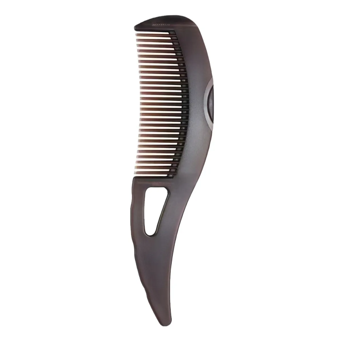 Brown plastic comb with stainless steel teeth, hollow body and press button, 8.98 in long