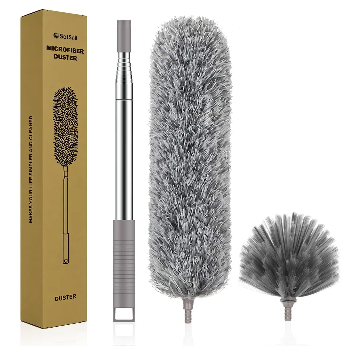 Telescoping pole with bendable microfiber head and cobweb brush attachment