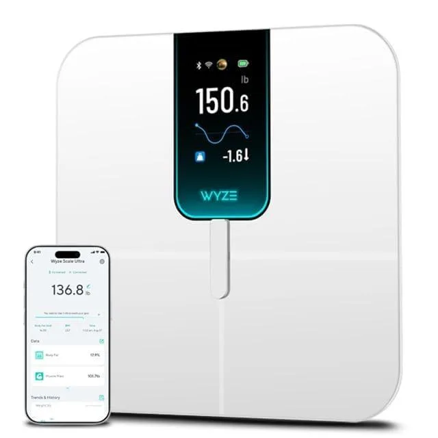 Black rectangular smart scale with 4.3 inch color display