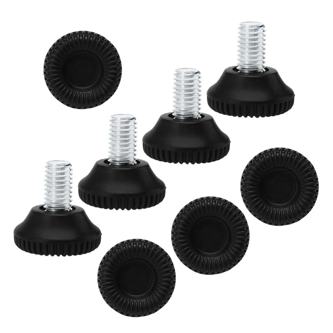 Eight M10 threaded leveling feet with 15mm base and 30mm stem, black plastic and metal finish