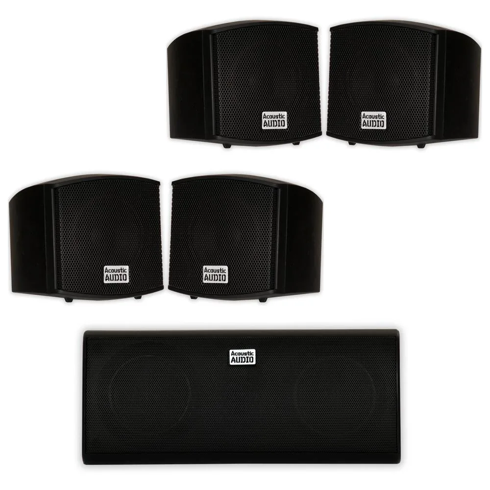 Five black rectangular wall speakers with silver driver cones and dome tweeters, compact cabinets, mounting brackets visible