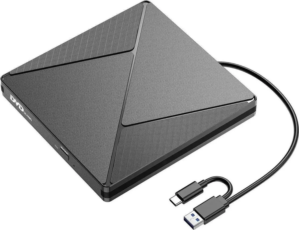 Slim silver external CD DVD writer with USB C cable attached