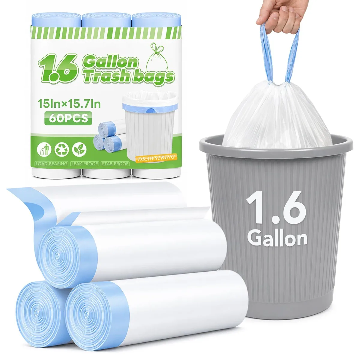 White plastic drawstring trash bags on a compact roll, 60 count