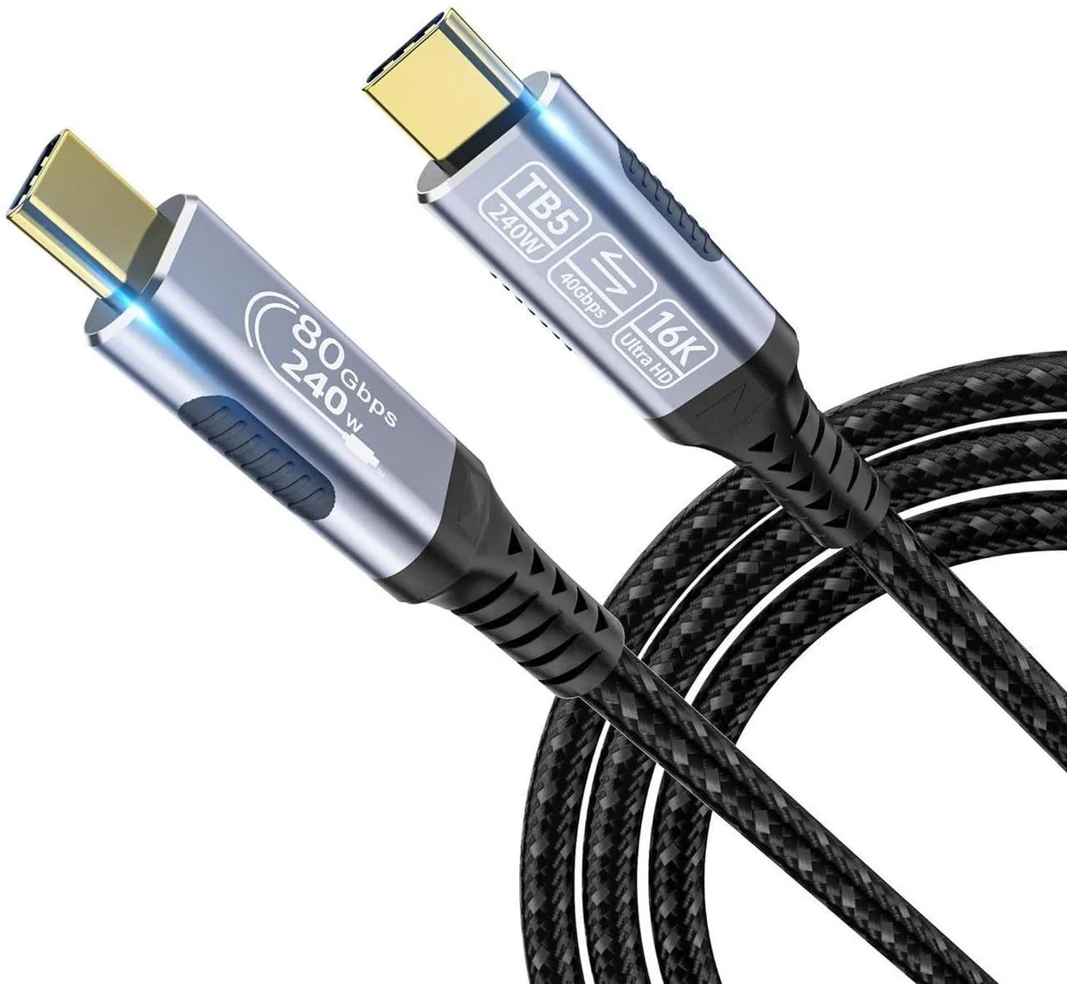 Black USB-C to USB-C cable coiled, 3.3ft length