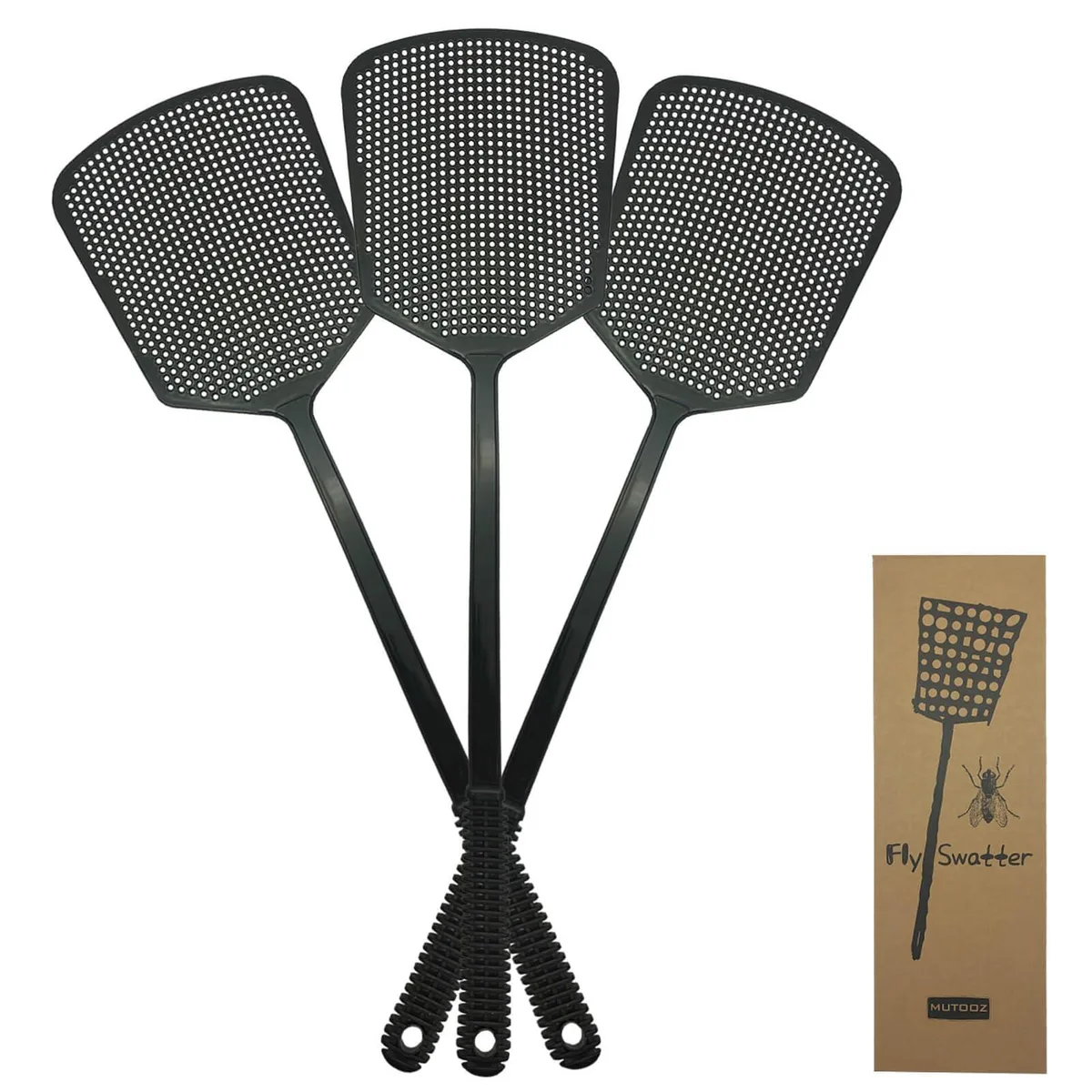 Three black plastic fly swatters with flexible heads and thick handles