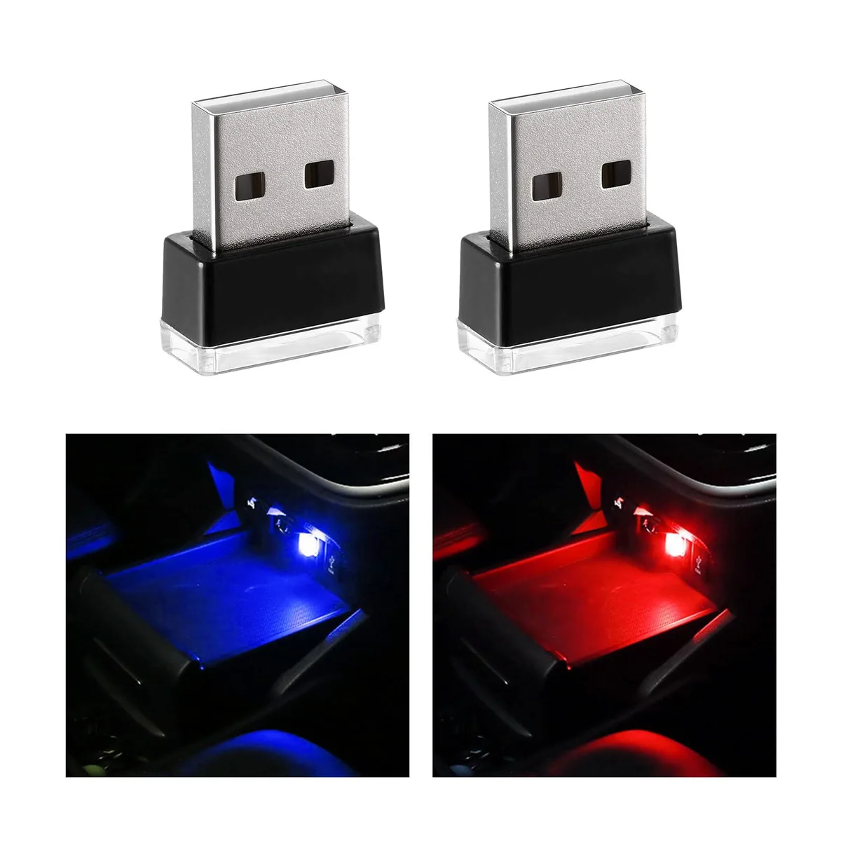Two small USB LED lights, red and blue, matte plastic bodies