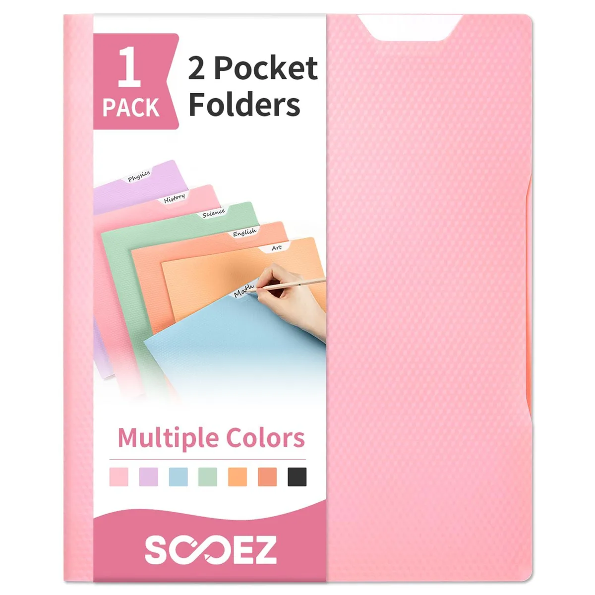 Pink polypropylene two-pocket folder with writable label and non-slip tabs
