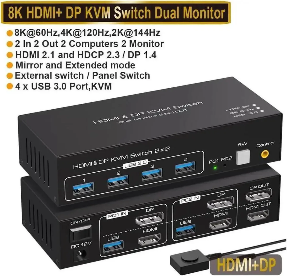 Vszerda Vszerda Dual Monitor KVM Switch HDMI+DP 8K@60Hz 4 USB 3.0 — product photo