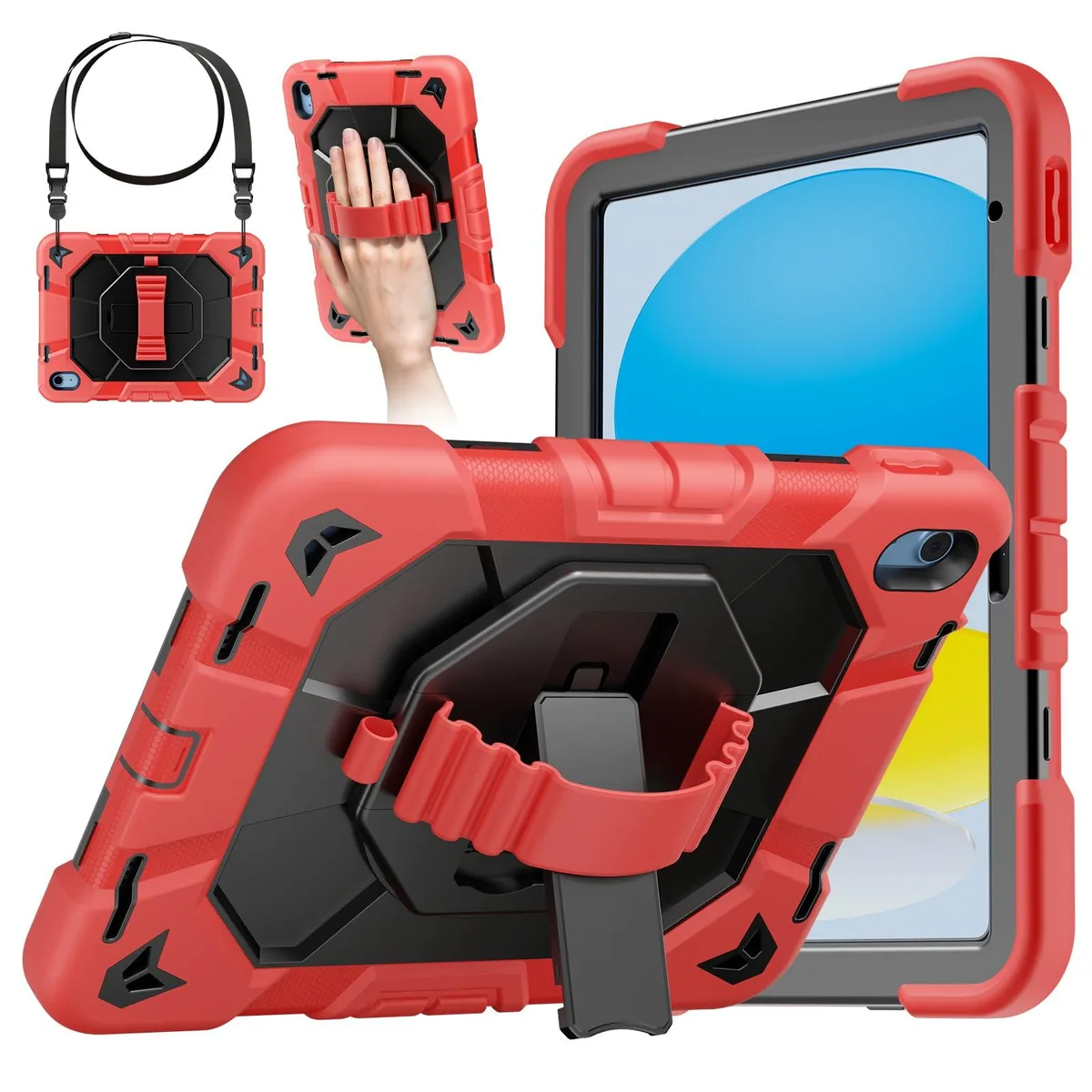  Tuenskn Rugged Case with 360° Hand Strap for iPad 10.9" 10th/11th Gen Red/Black — product photo