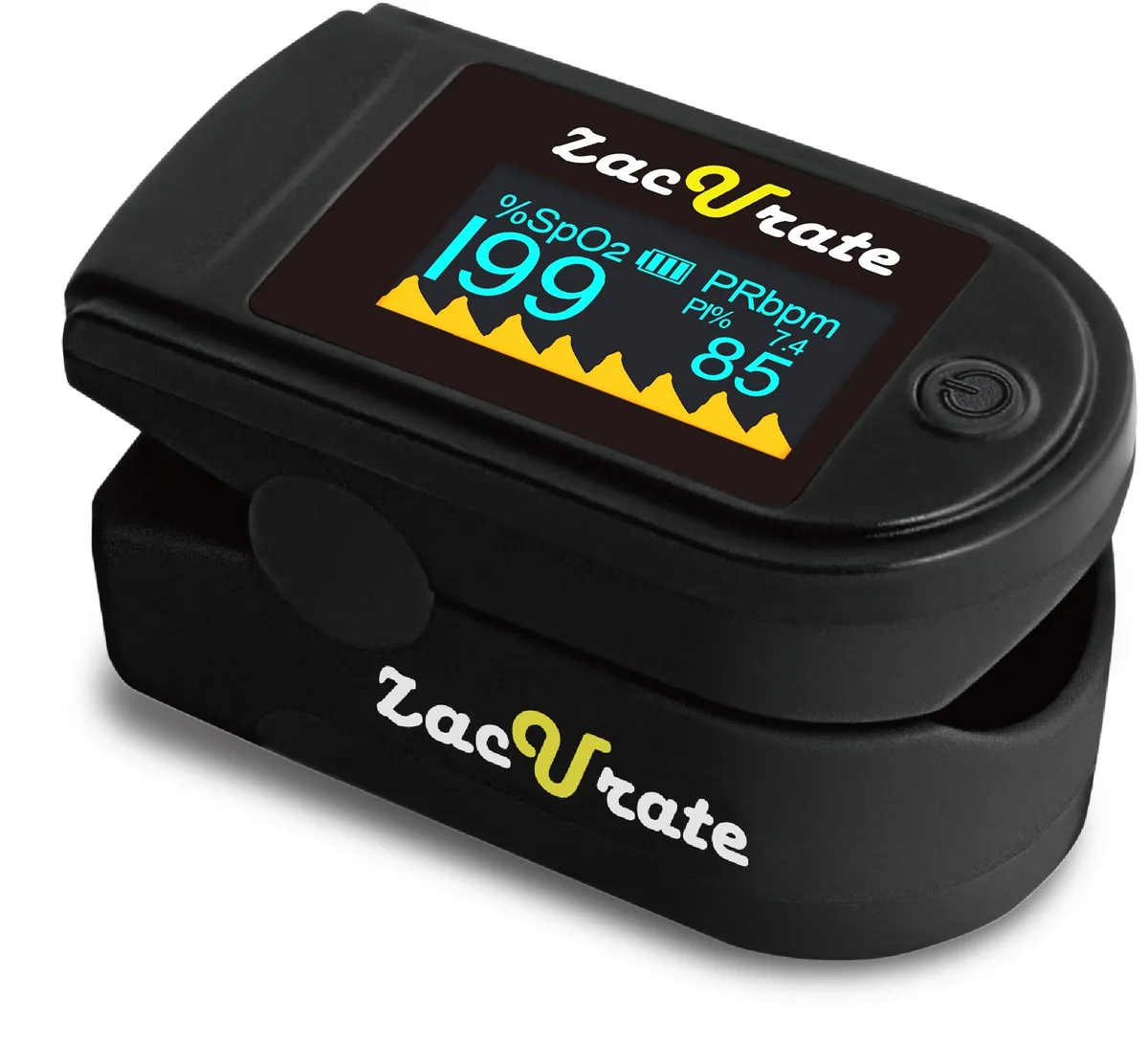Mystic black fingertip pulse oximeter with OLED screen and silicone cover