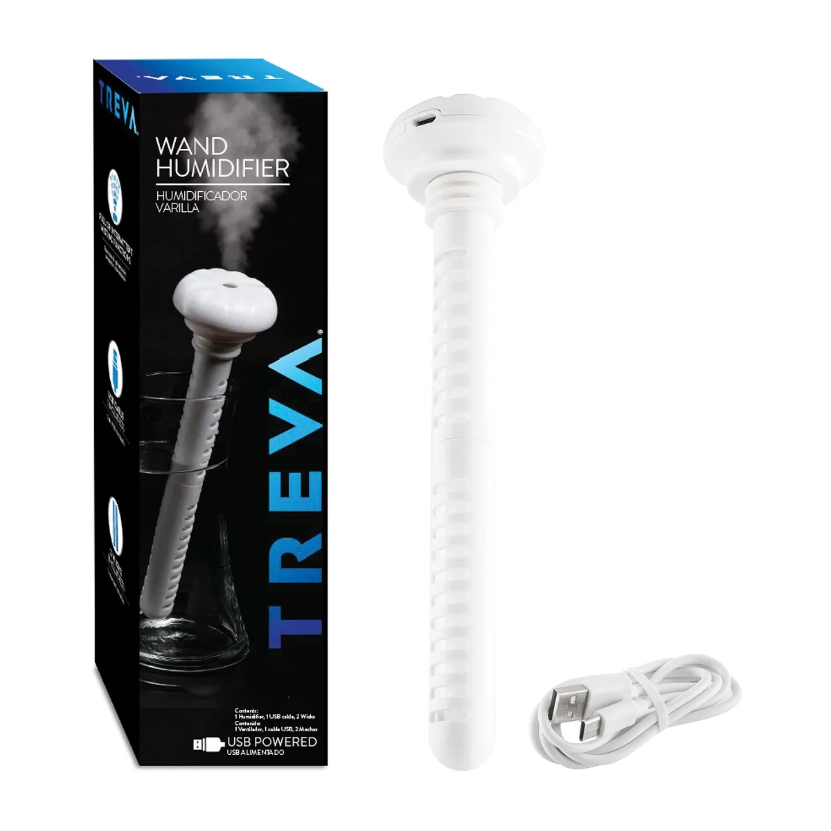 White cylindrical USB humidifier wand with adjustable length and cotton wick