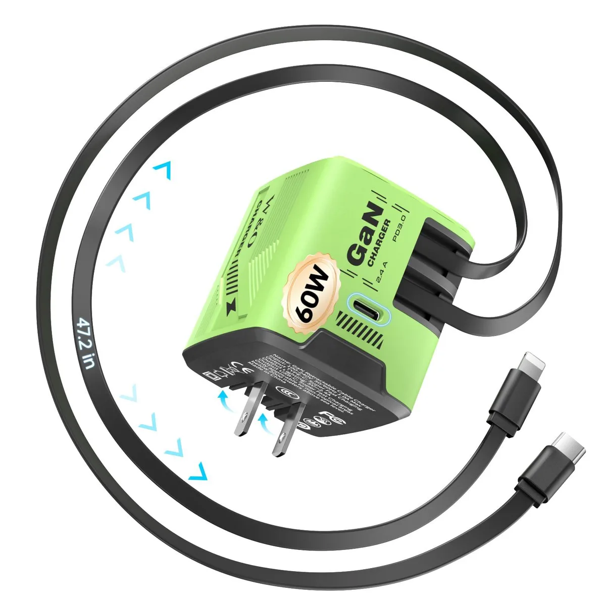 Compact green wall charger with retractable USB-C and Lightning cables and foldable plug