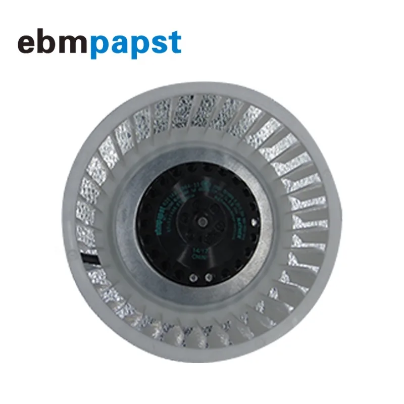 Black cylindrical centrifugal fan with metal housing and visible wiring connections