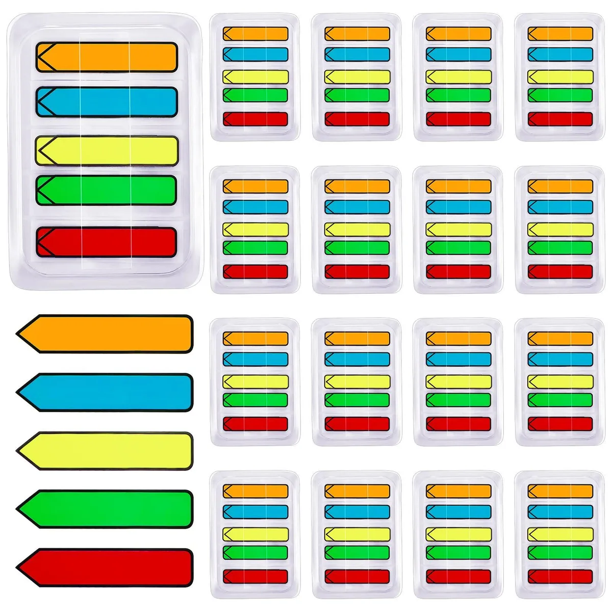 Twenty packs of neon arrow flags in a dispenser, red orange yellow green blue