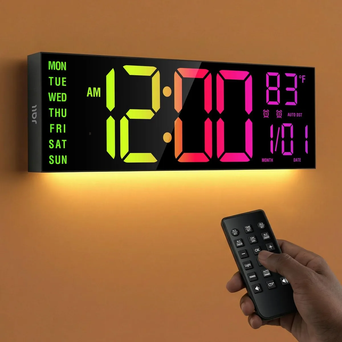 Black rectangular digital wall clock with large LED display and RGB lighting, wall-mounted or tabletop