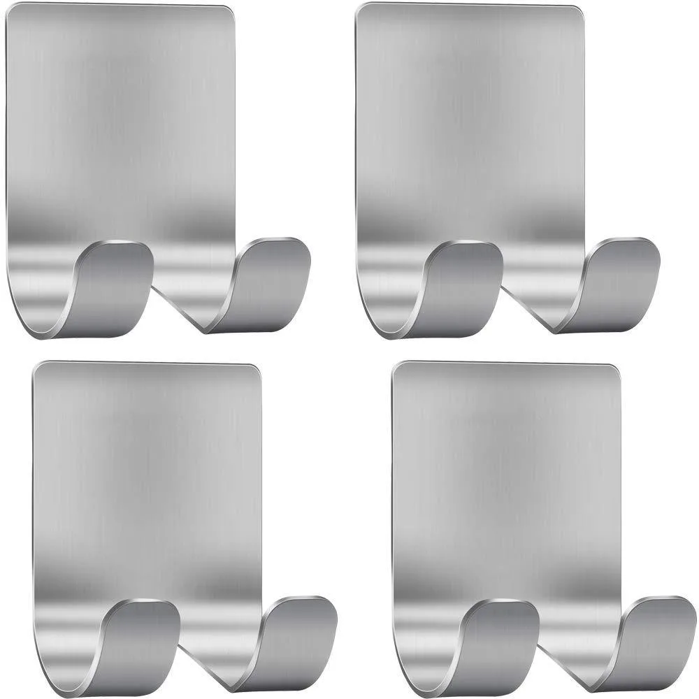 Four brushed stainless steel adhesive hooks with double prongs