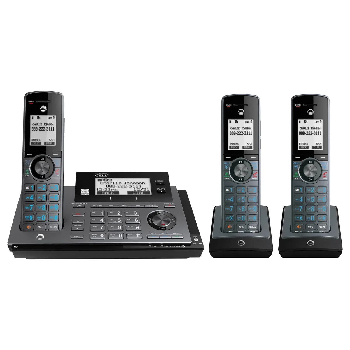 AT&amp;T AT&amp;T CLP99387 3 handset Connect to Cell cordless phone, blue — product photo